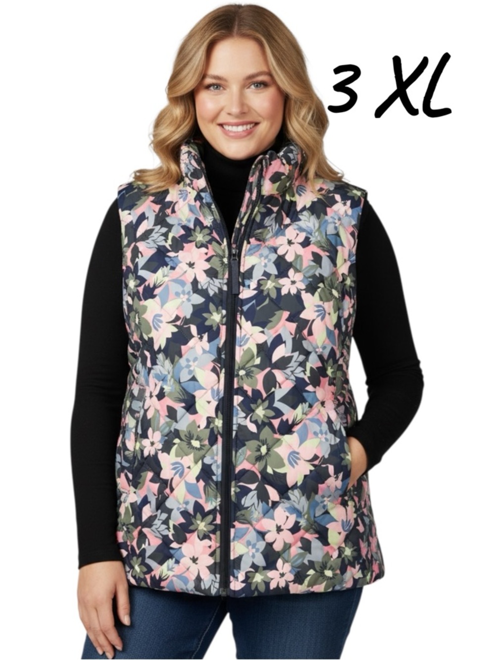 Vera Bradley Navy Floral Quilted Vest with Pink & Green Accents. Women’s Sz 3XL